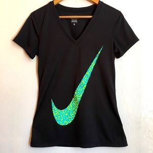 Nike Women's Black V-Neck Top with Green Logo